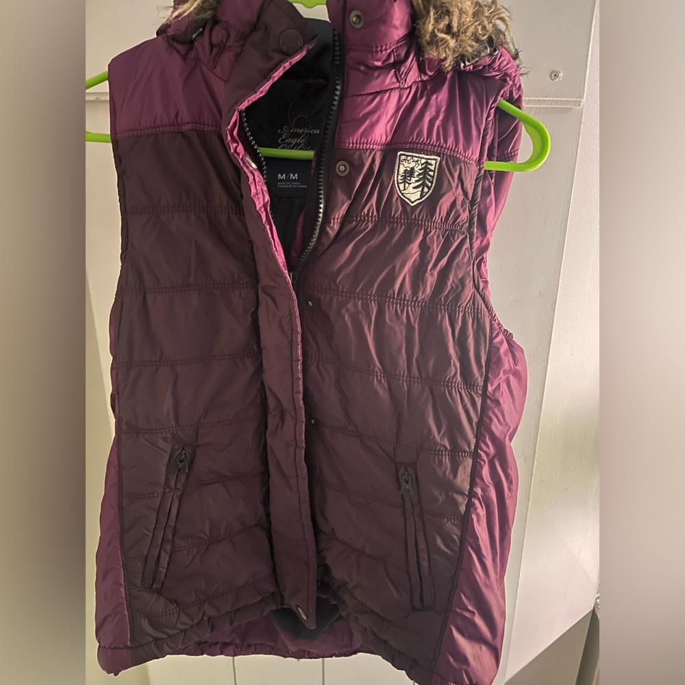 American Eagle Outfitters Plum Quilted Puffer Vest with Hood